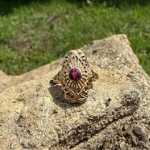 Shield Ring: 14 Karat Gold Filigree Ring with Pink Tourmaline Gemstone